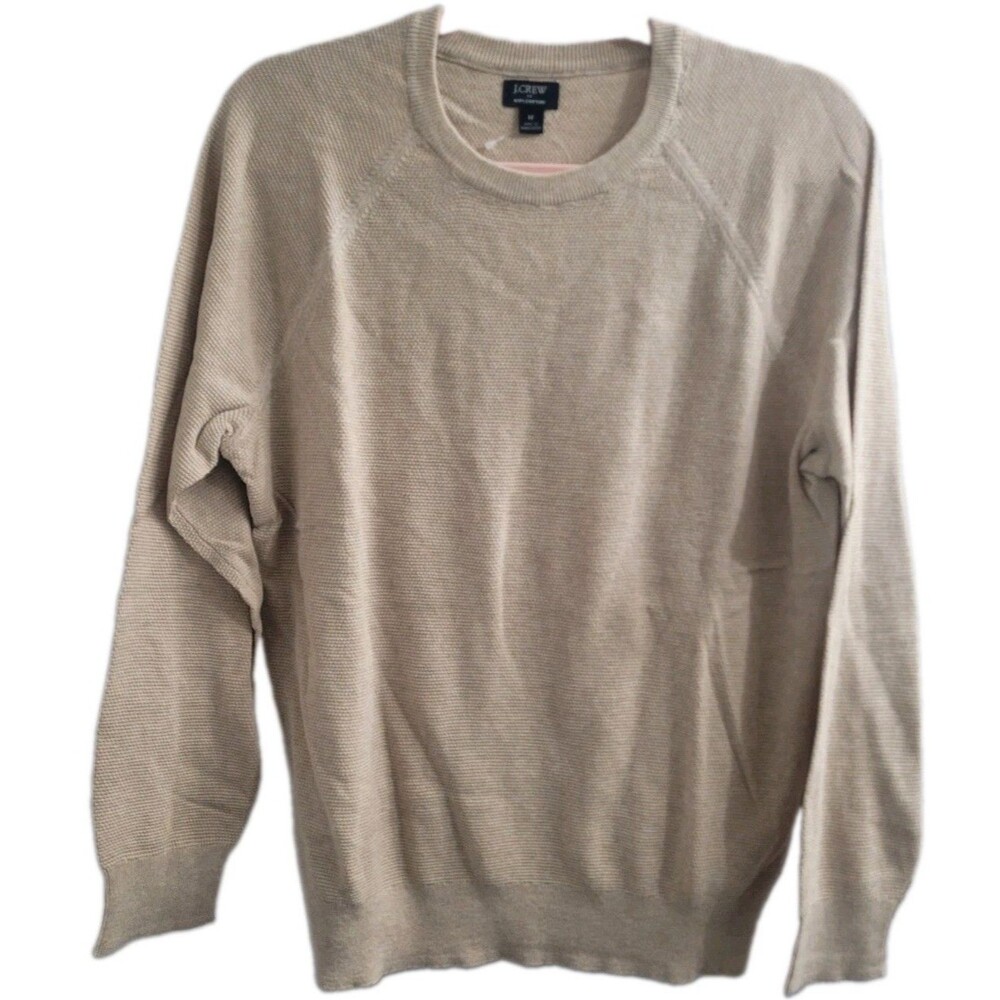 NWT J.Crew Men's 100% Cotton Textured Crewneck Sweater Beige Sz M Raglan Sleeve